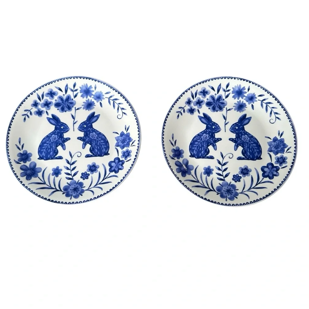Blue White Bunny Rabbit Stoneware Plate by Pier 1 8” Spring Decor Set of 2 - Picture 2 of 7